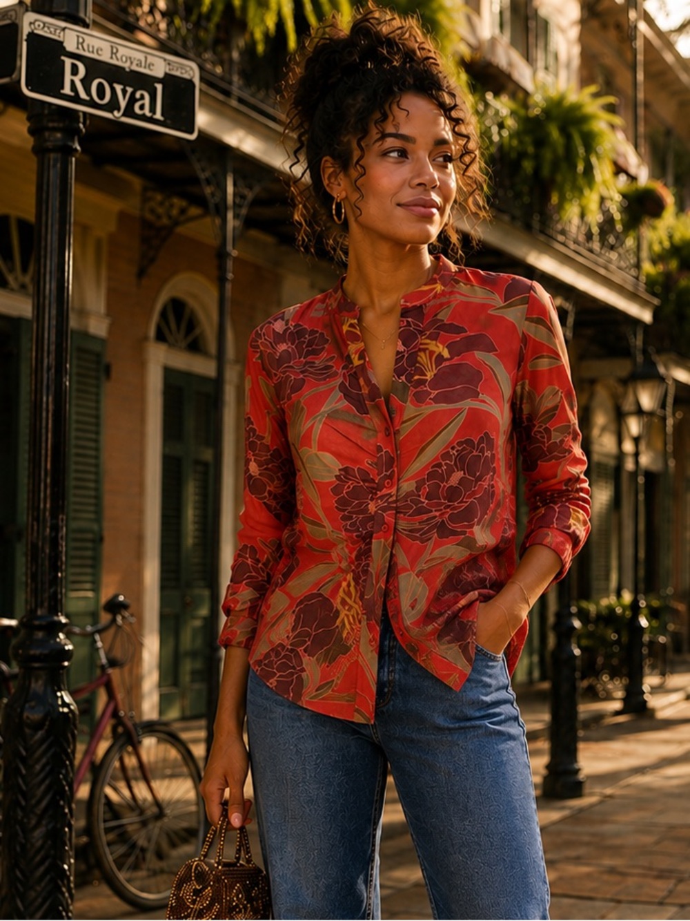 DR2 Coral Red Floral Button-Front Blouse